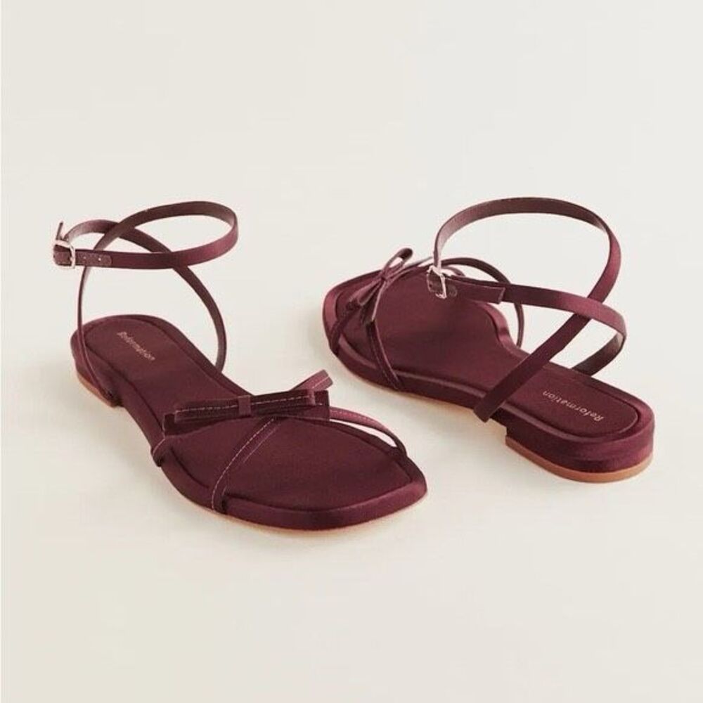 EUC Reformation Erics Flat Bow Sandal, Ruby Satin, Women’s 8.5